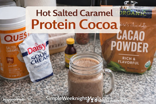 Hot Salted Caramel High Protein Cocoa Salted caramel protein cocoa made with cacao powder, protein powder, sour cream, vanilla, and hot water blended into a creamy high protein hot chocolate drink.