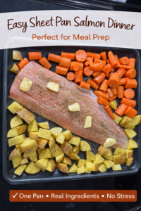 Home Easy Sheet Pan Salmon Dinner with roasted potatoes and carrots, perfect for meal prep and busy weeknight dinners.