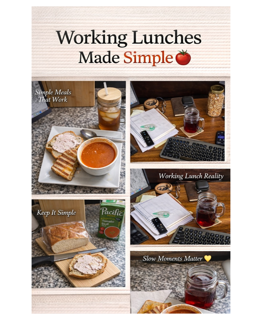 Collage of simple working lunches with tomato soup, grilled sandwiches, homemade bread, tea, and a work-from-home desk lunch.