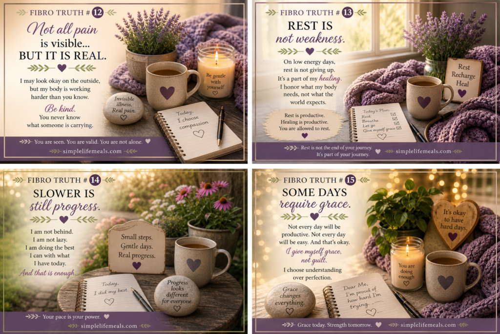 Home Collage featuring Fibro Truths 12–15 with comforting reminders for people living with fibromyalgia, including invisible pain, the importance of rest, slower progress, and choosing grace over guilt.