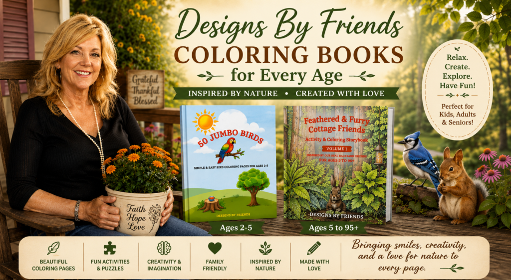 Home Designs By Friends coloring books hero banner featuring author Shelia on her cottage porch with two nature-inspired coloring books for kids, adults, and seniors.