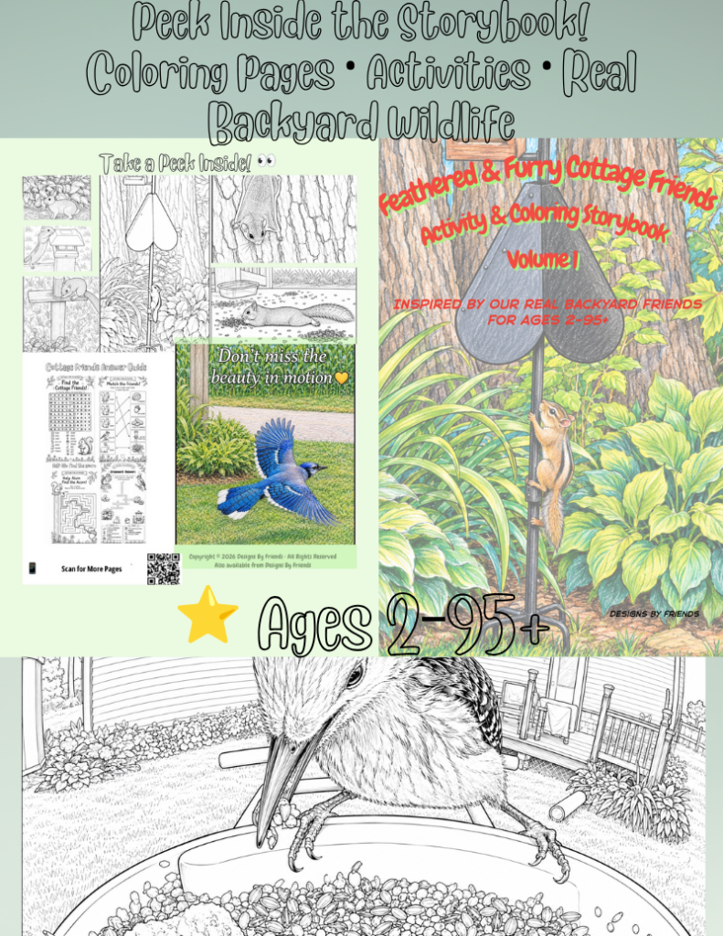 Preview of the Feathered & Furry Cottage Friends Activity & Coloring Storybook featuring the front cover, inside coloring pages, activities, and real backyard wildlife illustrations for ages 2–95+.