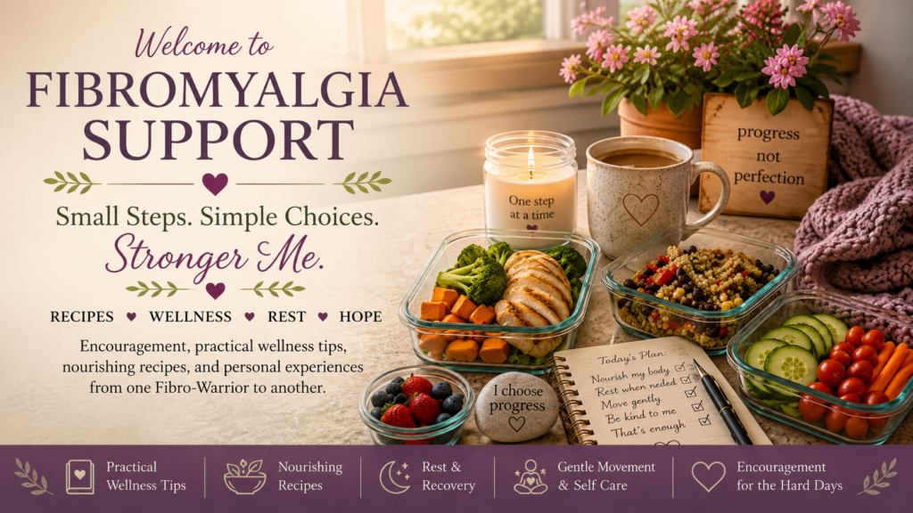 Fibromyalgia Support Hero image for the Simple Life Meals Fibromyalgia Support page featuring healthy meal prep, a wellness journal, coffee, and encouraging reminders about taking small steps while living with fibromyalgia.