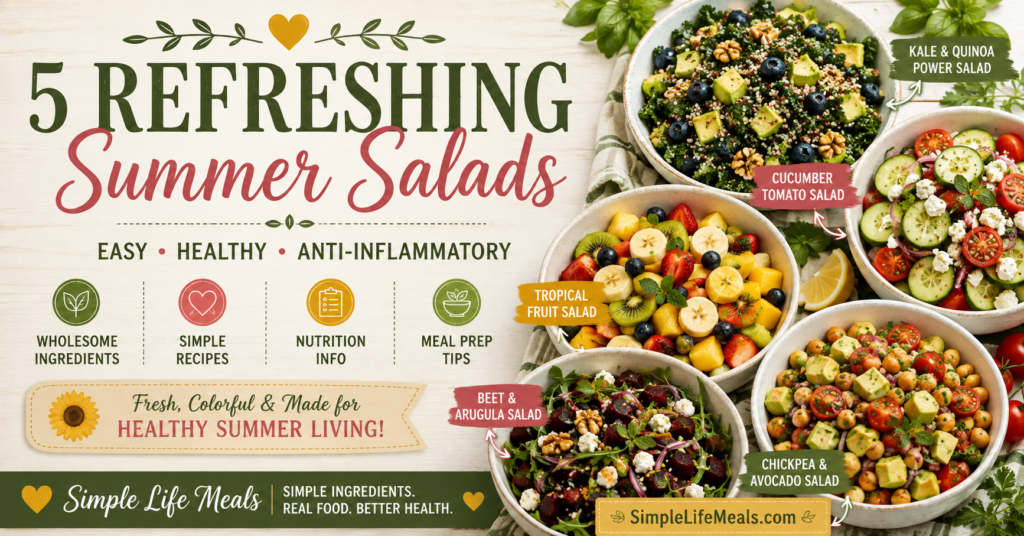 Home Five anti-inflammatory summer salads featuring Kale & Quinoa Power Salad, Cucumber Tomato Salad, Tropical Fruit Salad, Beet & Arugula Salad, and Chickpea & Avocado Salad with fresh ingredients, simple recipes, nutrition information, and meal prep tips.