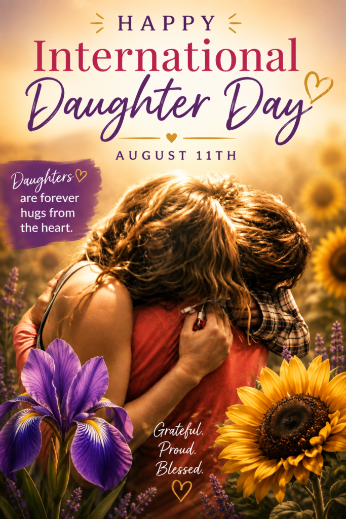 A heartfelt International Daughter Day image featuring a close mother-daughter hug surrounded by warm golden light, yellow sunflowers, and a purple iris. Text reads, “Happy International Daughter Day – August 11th” and “Daughters are forever hugs from the heart.”