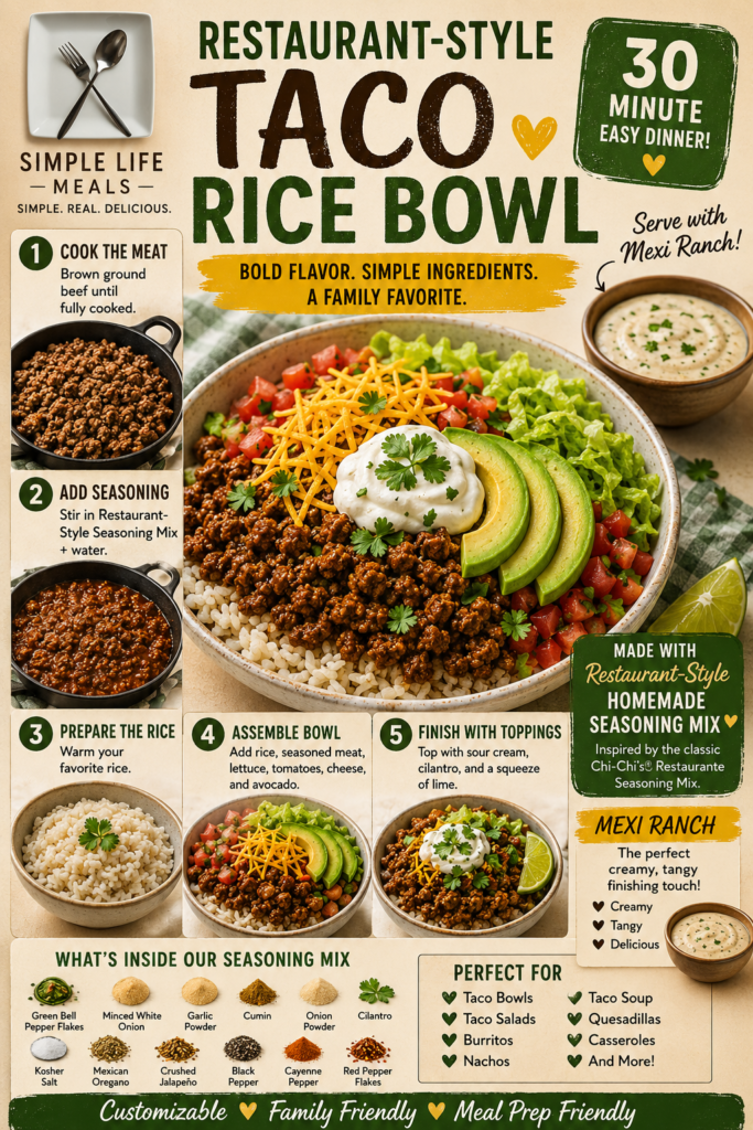 Home Restaurant-Style Taco Rice Bowl made with seasoned ground beef, rice, shredded cheddar cheese, fresh avocado, lettuce, tomatoes, sour cream, and homemade Mexi Ranch dressing. This easy 30-minute dinner features homemade Restaurant-Style Seasoning Mix inspired by the classic Chi-Chi's® Restaurante Seasoning Mix.