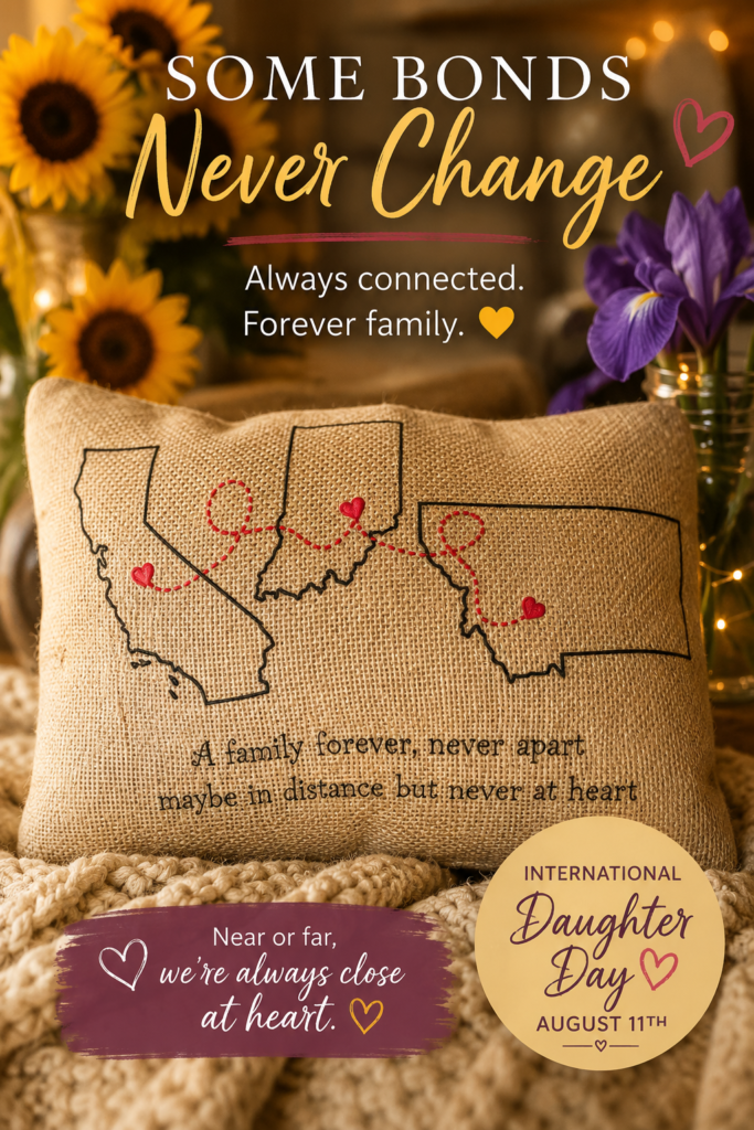 Burlap family pillow featuring outlines of California, Indiana, and Montana connected by red hearts with the saying, “A family forever, never apart, maybe in distance but never at heart.”
