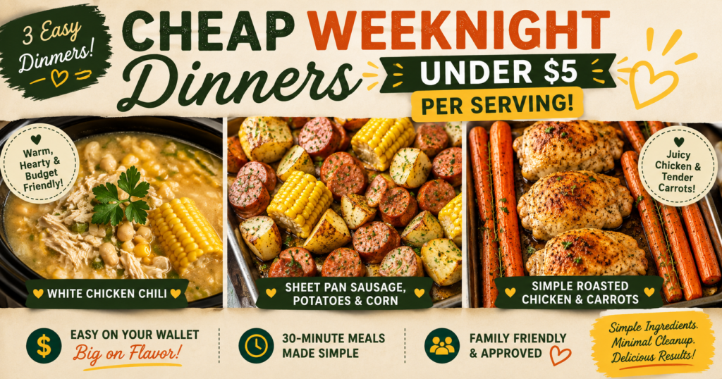 Cheap Weeknight Dinners Under $5 Per Serving Cheap weeknight dinners under $5 per serving featuring white chicken chili, sheet pan sausage with potatoes and corn, and roasted chicken with carrots.