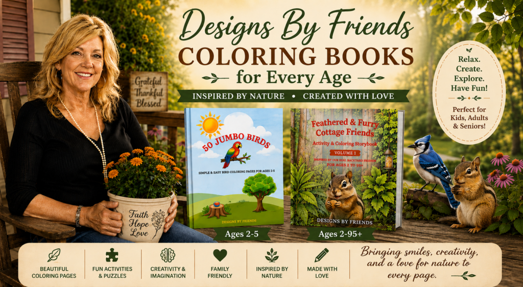 Coloring Books for Every Age | Designs By Friends Designs By Friends coloring books hero banner featuring author Shelia on her cottage porch with two nature-inspired coloring books for kids, adults, and seniors.