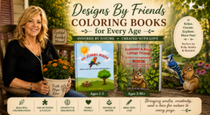 Designs By Friends coloring books hero banner featuring author Shelia on her cottage porch with two nature-inspired coloring books for kids, adults, and seniors.