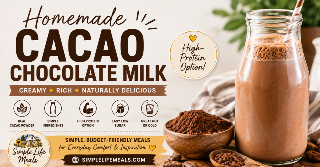 Homemade cacao chocolate milk in a glass bottle with cacao powder, featuring a simple high-protein option.