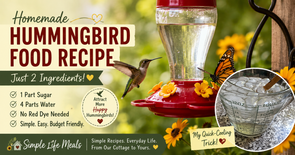 Homemade hummingbird nectar cooling with ice in a glass measuring cup using a quick-cooling method.