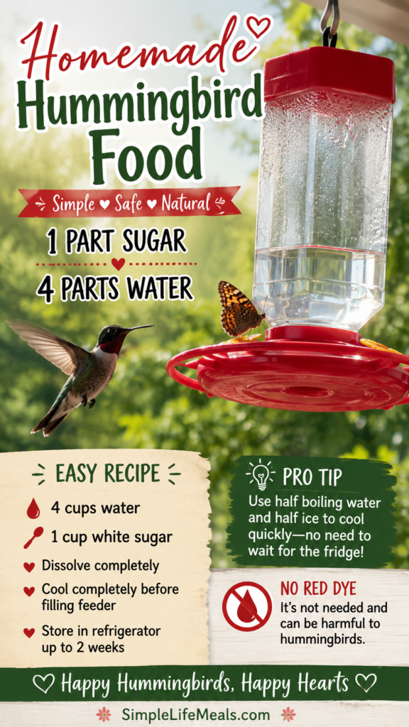 Homemade hummingbird nectar cooling with ice in a glass measuring cup using a quick-cooling method.