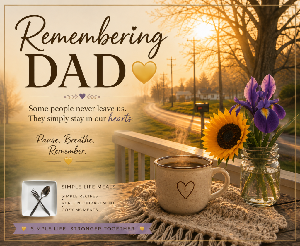Remembering Dad tribute with a peaceful golden sunrise, coffee, sunflower and purple iris on a quiet front porch.