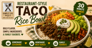 Restaurant-Style Taco Rice Bowl Restaurant-Style Taco Rice Bowl made with seasoned ground beef, rice, shredded cheddar cheese, fresh avocado, lettuce, tomatoes, sour cream, and homemade Mexi Ranch dressing. This easy 30-minute dinner features homemade Restaurant-Style Seasoning Mix inspired by the classic Chi-Chi's® Restaurante Seasoning Mix.