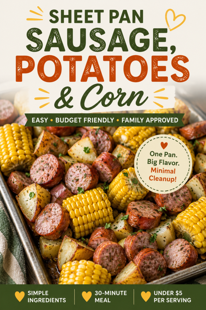 Cheap Weeknight Dinners Under $5 Per Serving Sheet pan sausage, roasted potatoes and corn easy budget-friendly family dinner.