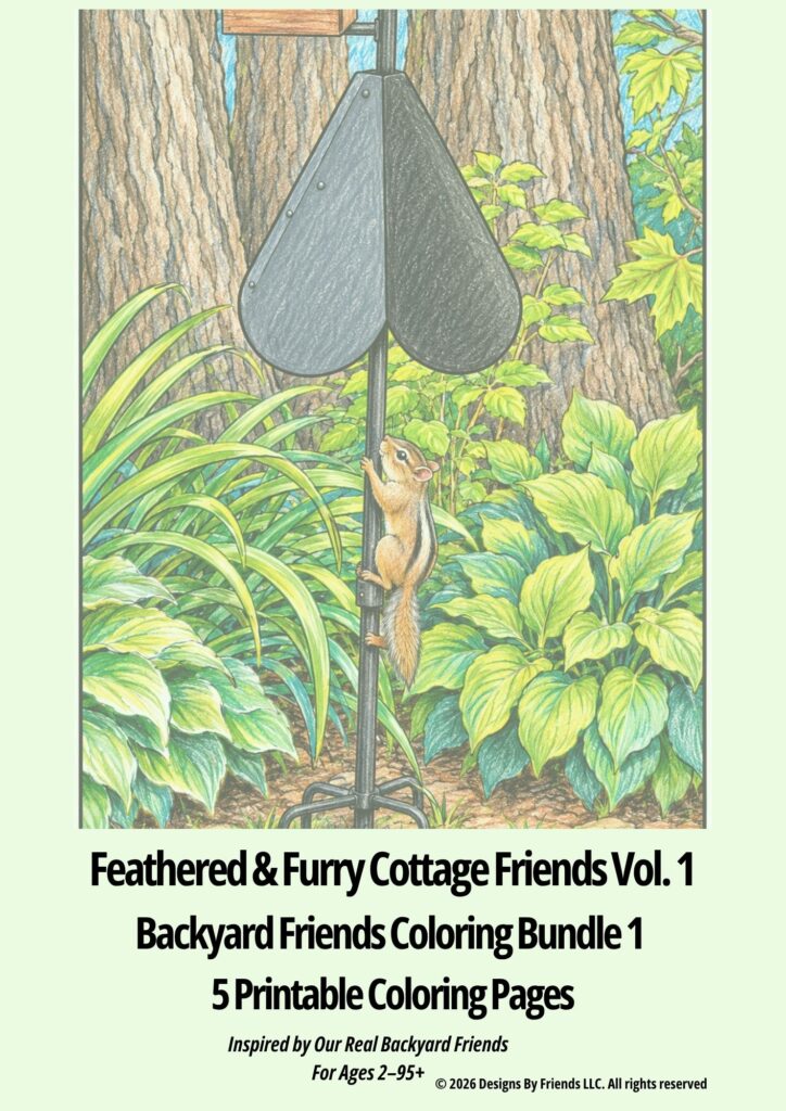 Printable squirrel coloring pages cover featuring Alvin climbing a bird feeder pole in a leafy cottage garden