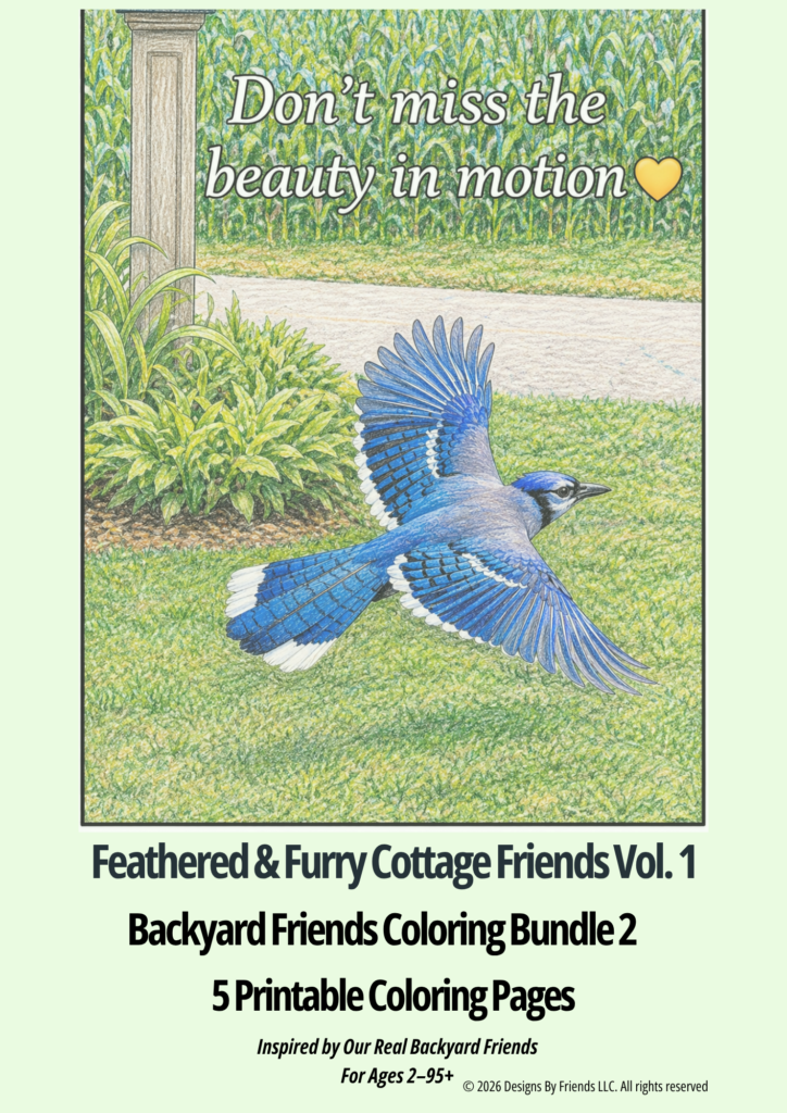 Backyard animal coloring pages Bundle 2 cover featuring the Cottage Blue Jay flying across the Cottage yard.