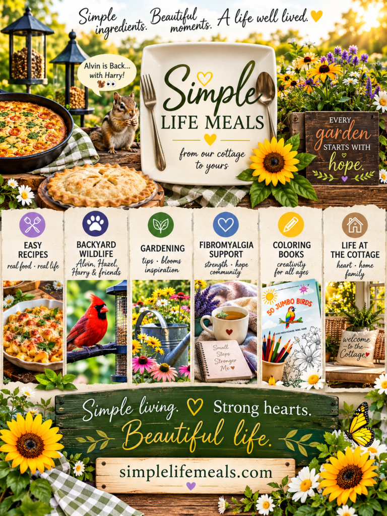 Simple Life Meals website collage featuring homemade recipes, backyard wildlife, cottage gardening, fibromyalgia support, coloring books, and cozy home inspiration.