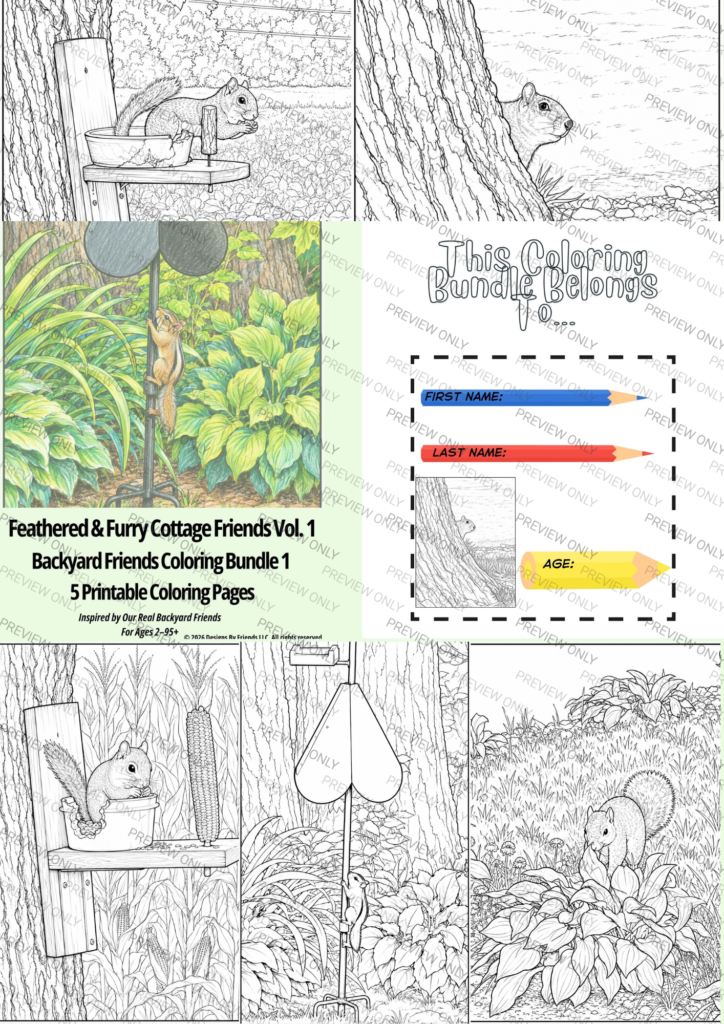 Preview collage showing five printable squirrel coloring pages featuring Alvin, Harry, Hazel, and Red