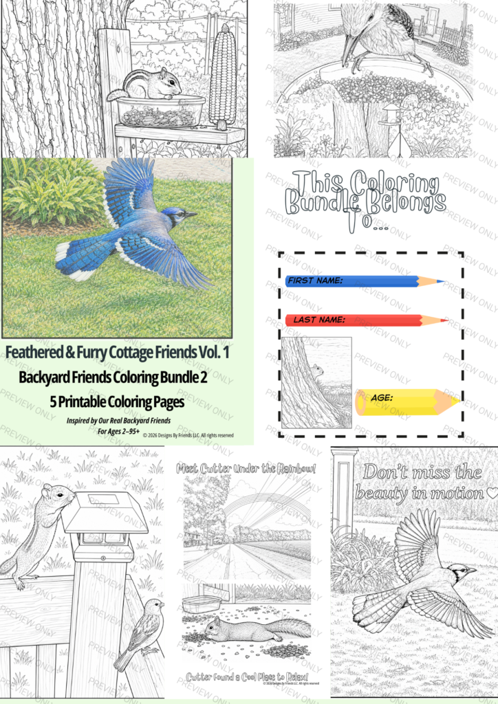 Feathered & Furry Cottage Friends Bundle 2 preview with a cover, ownership page, and five backyard animal coloring pages.