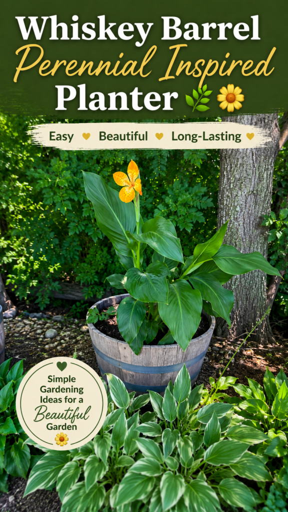 Whiskey barrel planters with perennials surrounded by hostas in the Generational Garden.