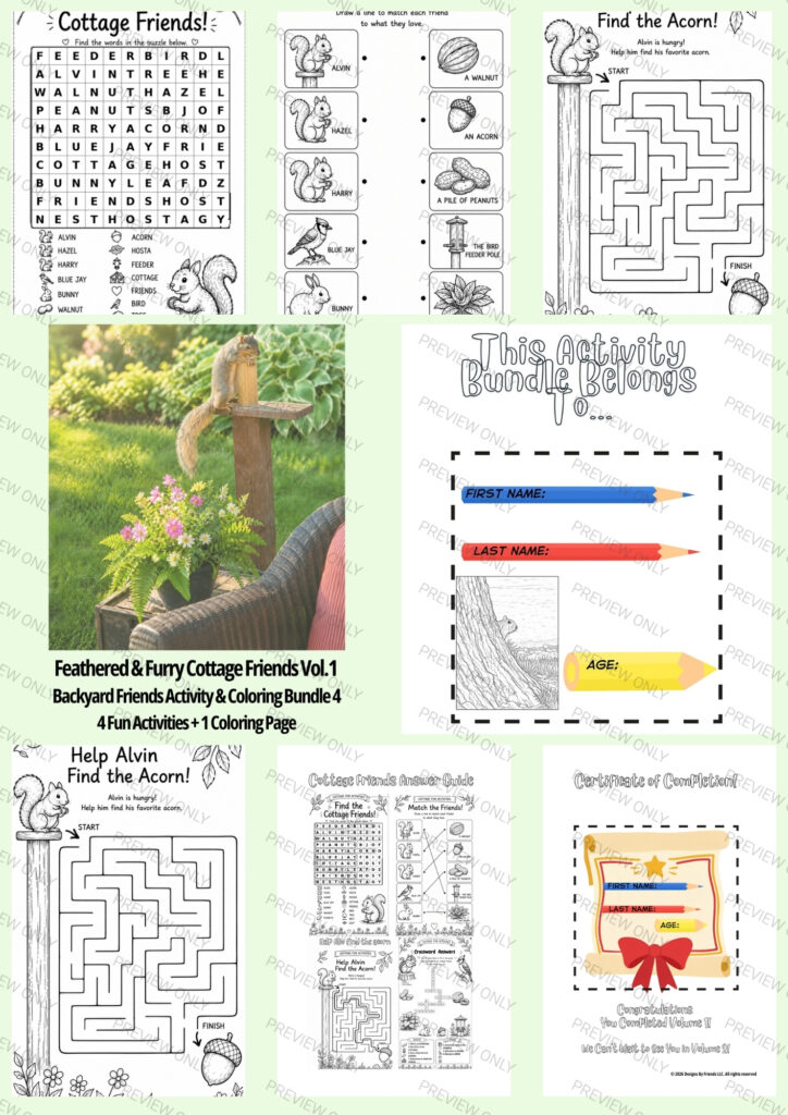 Feathered & Furry Cottage Friends Vol. 1 Printable Bundle #4 activity and coloring page preview collage.