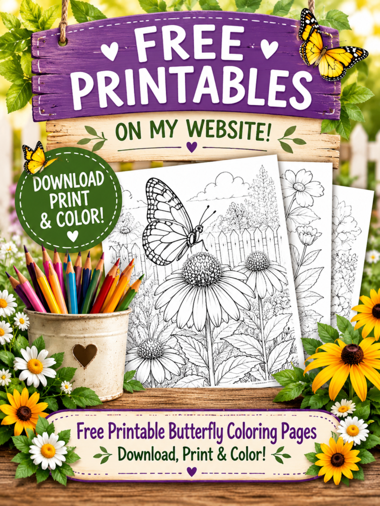 Promotional image for free printable butterfly coloring pages featuring a butterfly on flowers, garden designs, and black-and-white coloring illustrations from Designs By Friends LLC.
